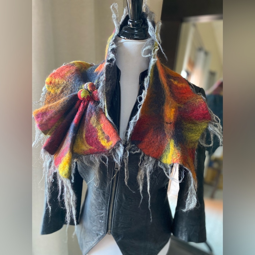 One-of-a-Kind Multi Colored Merino Wool & Mulberry Silk Scarf – Edgy & Artsy 🌈 - Picture 6 of 7